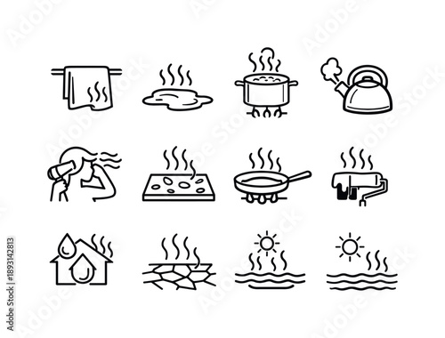 Evaporation Icons Collection. Evaporation in daily life. Line icon set of Evaporation in daily life: wet towel drying, evaporating puddle, boiling pot, kettle