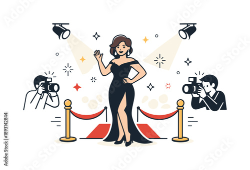 Red Carpet Glamour. A movie star on the red carpet, posing for photographers in glamorous attire. A confident celebrity stands under soft spotlights while