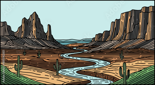 Desert landscape with rugged mountains, winding blue river, and scattered cacti