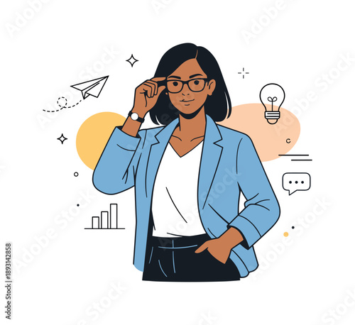 Contemporary Professional Style. Modern business identity. A diverse professional adjusting glasses or jacket, captured in a natural confident