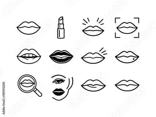 High-Impact Beauty Icons. High-Impact Beauty Look. Line icon set of High-Impact Beauty Look: confident lips, lipstick symbol, beauty accent lines, lip focus