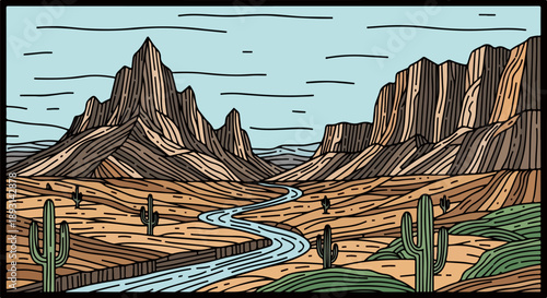 Desert landscape illustration with winding blue road and rugged mountains