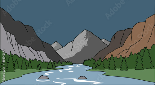 Serene mountainous landscape with a winding river and dense green trees under a dark blue sky