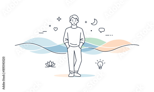 Serene Balance Illustration. Inner clarity and balance. A person stands peacefully as abstract waves settle into smooth lines around them. Emotional balance,