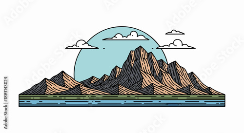Detailed landscape illustration of a tranquil mountain range with earthy browns and grays, green vegetation, and a light blue sun or moon