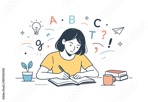 Creative Writing Focus. Writing and Language. A focused character sitting at a desk, writing on a notebook with floating letters and punctuation marks around.