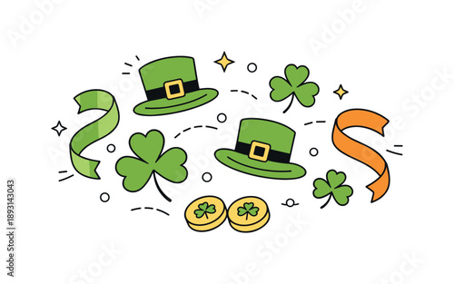 Festive St. Patrick's Arrangement. Abstract St. Patrick?s Day festivity concept. Shamrocks, hats, and ribbons floating in a balanced, symbolic arrangement. The