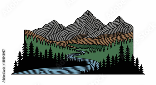 Rugged mountain range with dense forest and winding river in natural landscape
