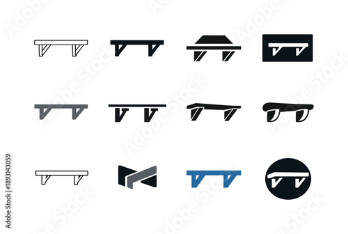 Shelf Icon Variations. Installing shelves. Icon set. Set Logo of Installing shelves: wall-mounted shelf with brackets. harmonious logo variations of the same