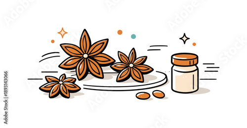 Minimalist Star Anise. Star anise spices. A minimalist still life of star anise pods arranged neatly on a kitchen surface, calm and balanced. Warm winter spice