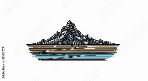 Detailed illustration of a mountain range with rugged peaks and layered ridges