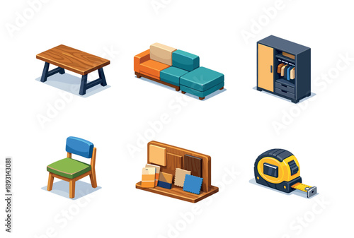 Custom Furniture Icons. Custom Furniture. Isometric flat vector icons set of Custom Furniture: bespoke wooden table, custom sofa module, tailored wardrobe