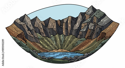Stylized illustration of a rugged mountainous landscape with a serene body of water in the background