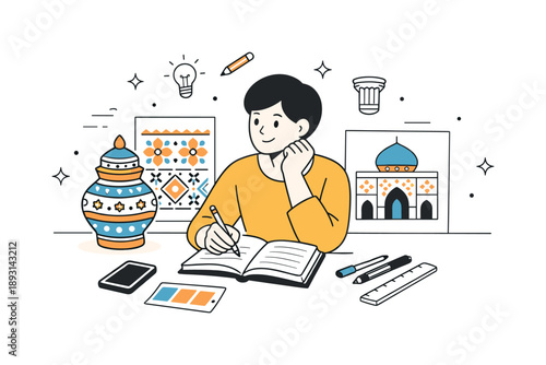 Researching Traditional Art. Designer researching traditional art. A person studying historical textiles, ceramics, or architecture while taking notes for