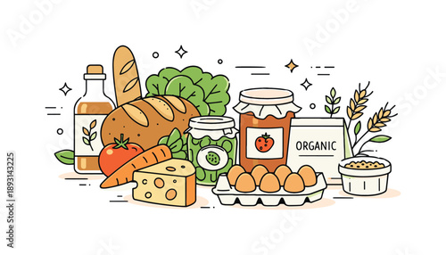 Artisanal Food Harmony. Local artisanal ingredients. Fresh produce, bread, and small-batch packaged foods displayed together, showing harmony between raw