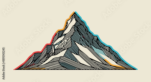 Detailed illustration of a striking mountain range with bold black lines, red and turquoise accents, and a three-dimensional effect