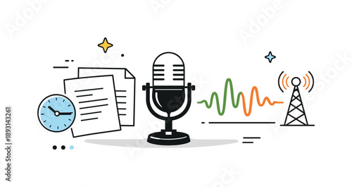 Voiceover Studio Scene. Voiceover recording for TV. An abstract studio scene with a microphone, script pages, and smooth sound wave icons in balance. The