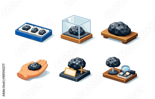 Meteorite Icon Grid. Meteorite Display. Isometric flat vector icons set of Meteorite Display: labeled meteorite tray, specimen in glass case, shelf meteorite