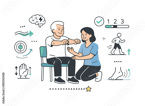 Parkinson's Therapy Session. Parkinson?s therapy session. Patient doing gentle exercises guided by a therapist, with small movement icons and progress markers
