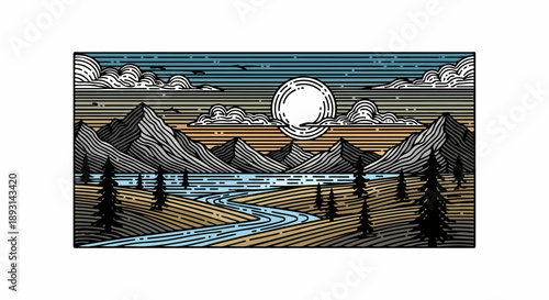 Serene mountainous landscape with a full moon and winding river