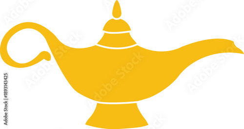 Golden magic lamp vector illustration featuring a classic yellow oil lamp silhouette isolated on white for fantasy stories, Arabian nights themes, genie wishes, and fairytale graphic design.