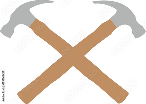 Crossed hammers vector illustration featuring two carpenter tools with wooden handles and grey metal heads in an X shape isolated on white for construction logos, handyman branding, and repair signs.