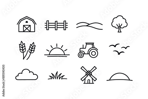Countryside Sunset Icons. Countryside sunset. Line icon set of Countryside sunset: barn silhouette, fence line, rolling hill, tree icon, wheat stalk, setting