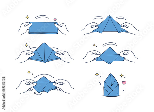 Elegant Napkin Folding. Napkin folding routine. Hands neatly fold a fabric napkin step by step, creating a tidy table-ready form. Order, simplicity, and