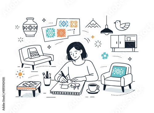 Modern Heritage Design. Cultural heritage in modern design. A designer sketching furniture and patterns inspired by traditional motifs, blending old and new