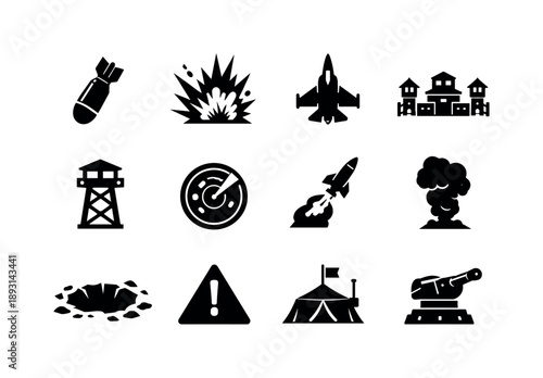 Battlefield Icon Set. Battlefield Strike. Solid icon set of Battlefield Strike: aerial bomb, blast impact, military jet, base compound, watchtower, radar