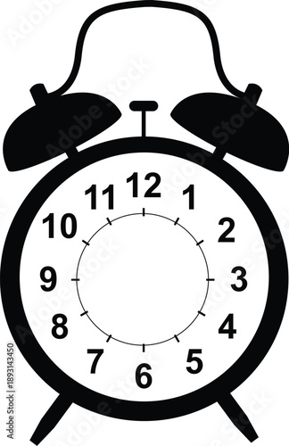 Black alarm clock silhouette vector icon featuring a classic twin bell timepiece shape isolated on white for wake up concepts, time management graphics, and deadline reminder design elements.