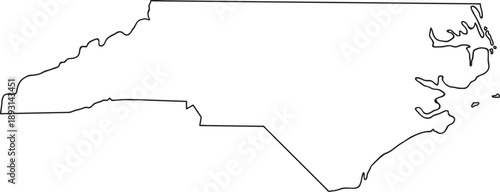 North Carolina state map outline vector illustration featuring a clean black border of the NC territory isolated on white for geography education, travel guides, and southern regional designs.
