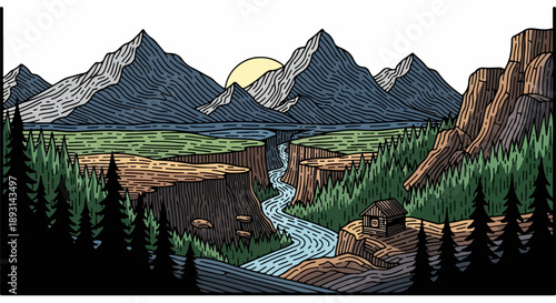 Serene mountain landscape with rugged peaks, winding river, and rustic wooden cabin