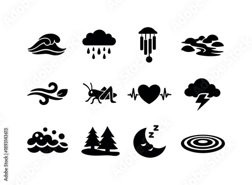 Relaxing Sounds Icons. Christian baptism. Colorful flat vector icons set of Christian baptism: baptismal font, water pour symbol, flowing water droplets, white