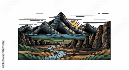 Majestic mountain range with winding river and valley in detailed landscape illustration
