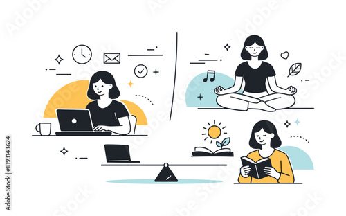 Balancing Work and Leisure. Balancing work and personal time. Person switching between a laptop and a leisure activity like reading or meditating, emphasizing