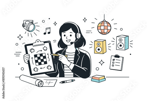 Event Planning Vibes. Dance floor and event planning. A lively editorial scene of an event planner reviewing a dance floor layout with lights and speaker icons