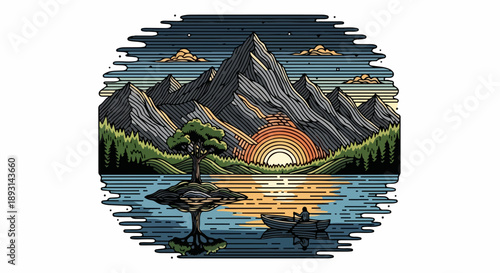 Vintage illustration of serene natural landscape with mountains, forest, lake, and boat