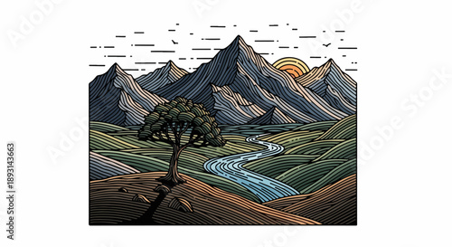 Serene mountain landscape with a solitary tree and winding river under a golden sun