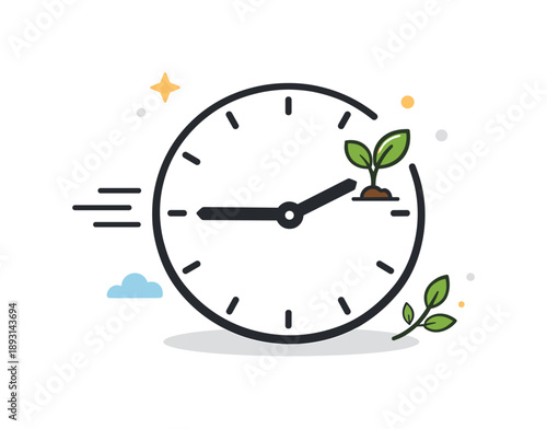 Time for Growth. Symbolic Visuals: Clock Pointing to Spring. Clock icon with motion lines, where the next hour mark is replaced by a sprouting bud. Calm