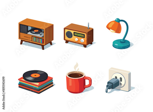 Isometric Home Radio Setup. Home Radio Setup. Isometric flat vector icons set of Home Radio Setup: living room radio cabinet, side table radio, desk lamp