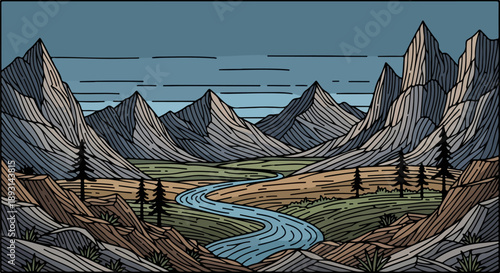 Mountain landscape with rugged peaks, winding river, and evergreen trees under a blue sky