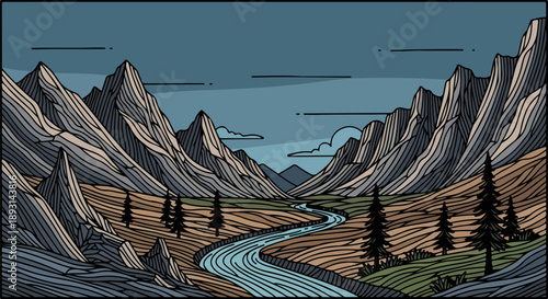 Winding river flowing through a lush valley with rugged mountains in the background