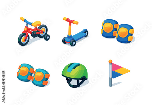 Kids Riding Equipment. Kids riding. Isometric flat vector icons set of Kids riding: kids bicycle with training wheels, kids scooter, knee pads, elbow pads,