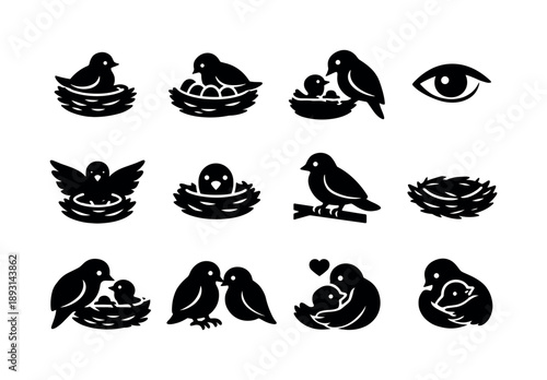 Nesting Birds Icons. Birds building nests care. Solid icon set of Birds building nests care: nesting bird posture, bird warming eggs, feeding action, watchful