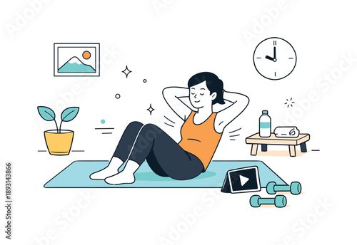 Home Workout Bliss. Home workout. A person exercising on a mat at home, following a simple routine with calm focus. The scene shows healthy habits and everyday
