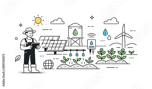 Eco-Friendly Farming Innovation. Sustainable agricultural innovation. Solar panels, water-saving systems, and healthy crops appear together, representing