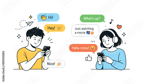 Friendly Digital Chat. Friendly digital chat. Two characters exchange messages and reactions on mobile devices, suggesting everyday online communication. The