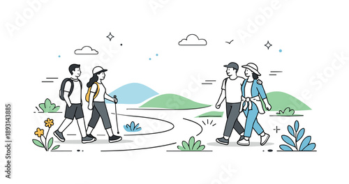 Serene Landscape Walk. Outdoor leisure time. People walking along a simple landscape path, surrounded by plants and gentle hills. Feeling of freedom, light