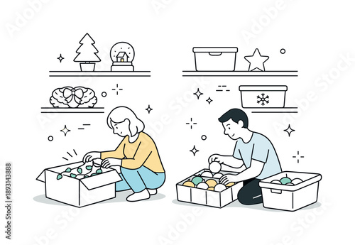 Organizing Holiday Decor. Storing holiday decorations. Carefully placing lights and ornaments into boxes, mindful and gentle action. Clean editorial